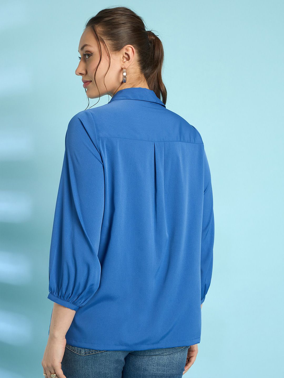 Antheaa Blue Floral Embroidered Shirt Collar Puff Sleeves Shirt Style Top