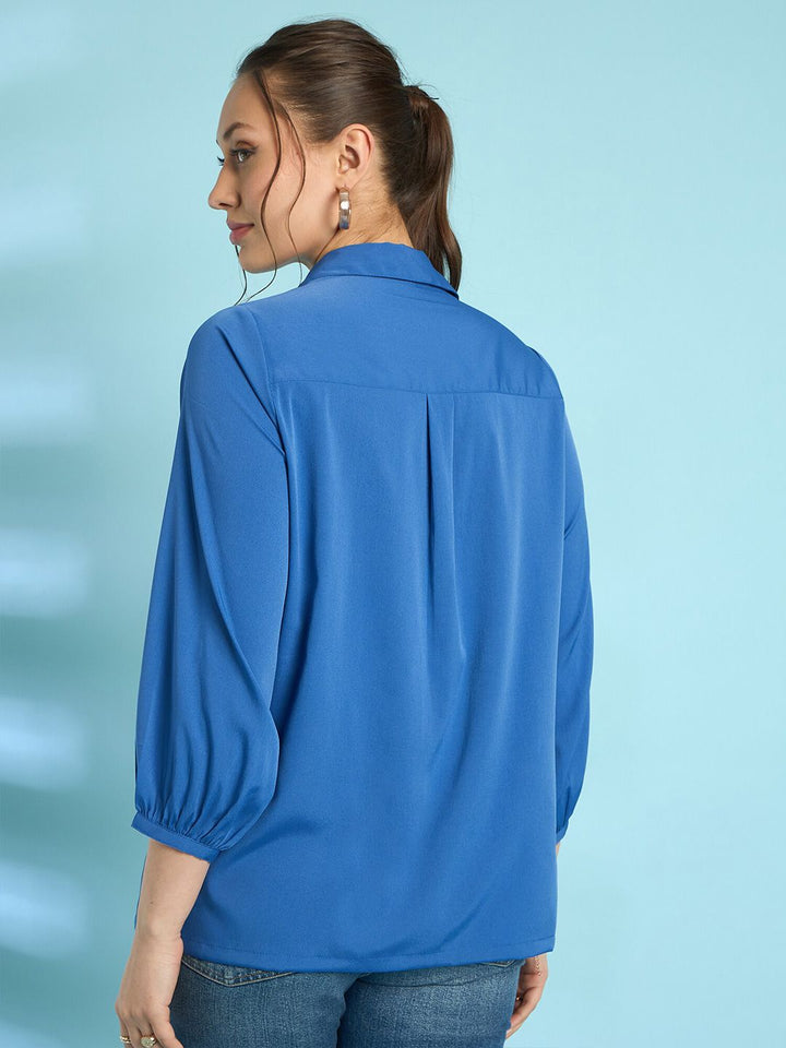 Antheaa Blue Floral Embroidered Shirt Collar Puff Sleeves Shirt Style Top