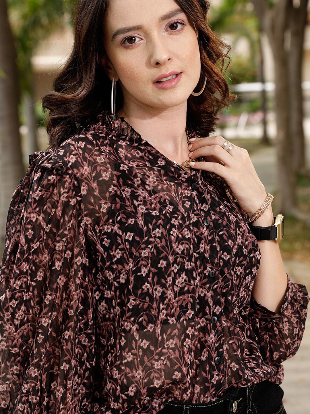 STREET 9 Brown Comfort Floral Printed Ruffle Casual Shirt