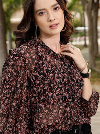 STREET 9 Brown Comfort Floral Printed Ruffle Casual Shirt