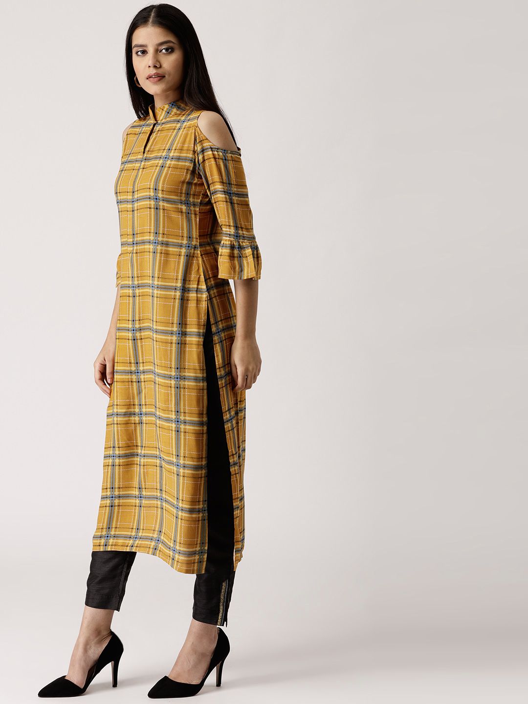 Libas Women Mustard Yellow & Blue Checked Cold-Shoulder Straight Kurta