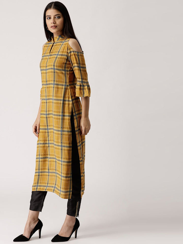 Libas Women Mustard Yellow & Blue Checked Cold-Shoulder Straight Kurta