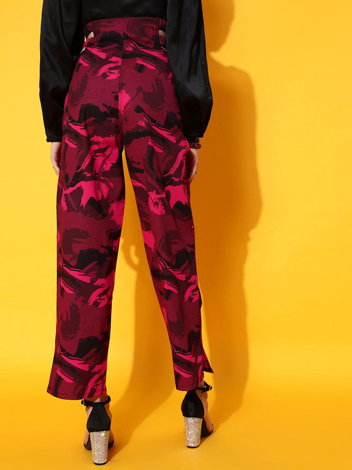 STREET 9 Women Maroon Abstract Smart Straight Fit High-Rise Trousers