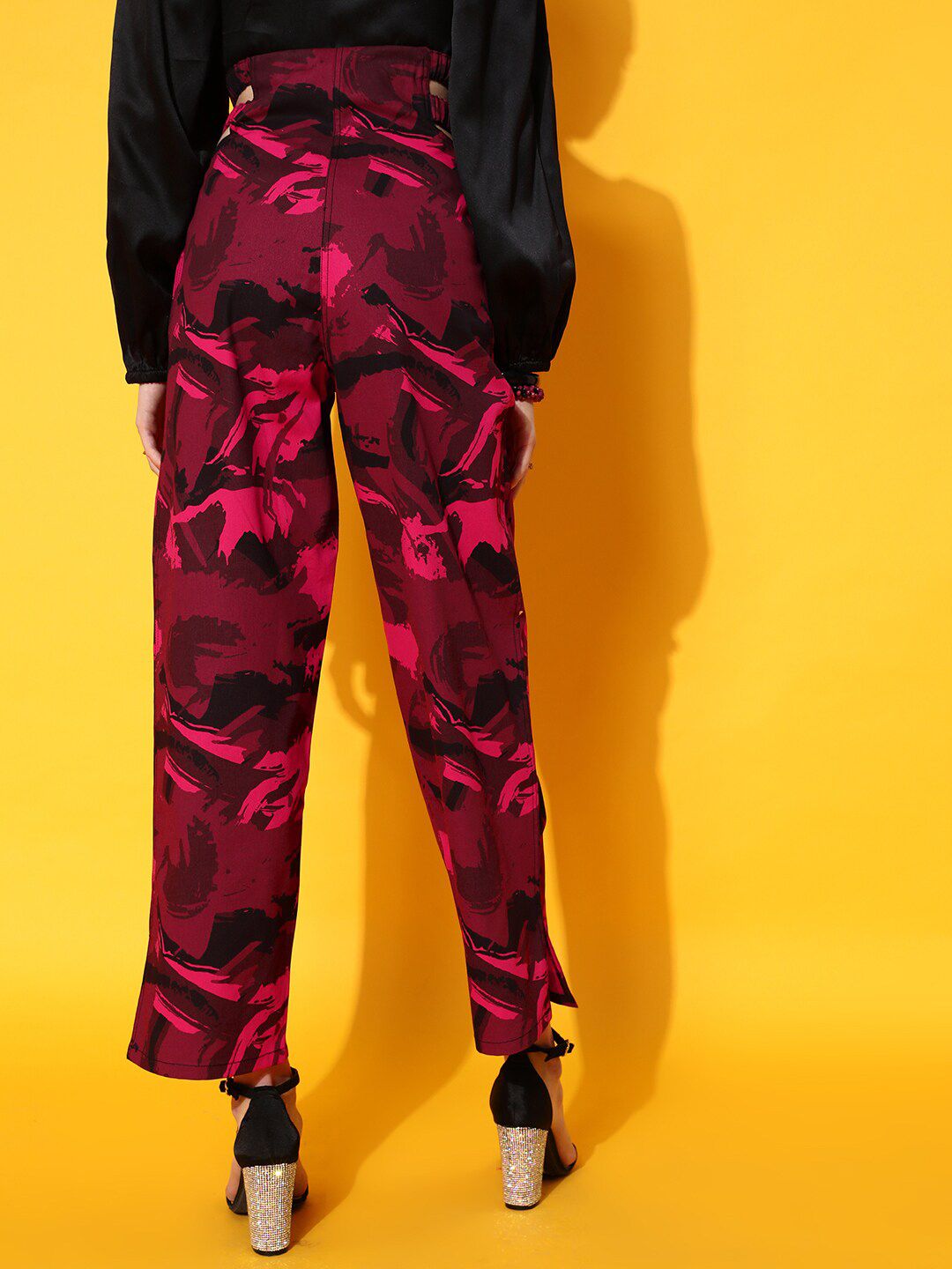 STREET 9 Women Maroon Abstract Smart Straight Fit High-Rise Trousers