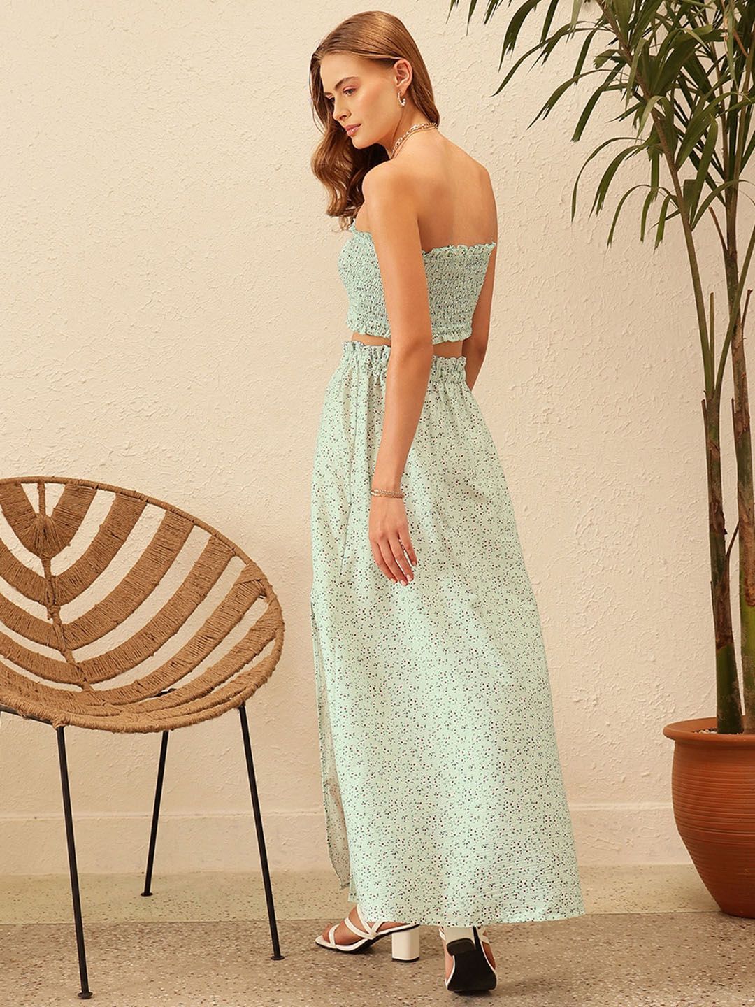 STREET 9 Floral Printed Strapless Smocked Crop Top And Skirt Co-Ords