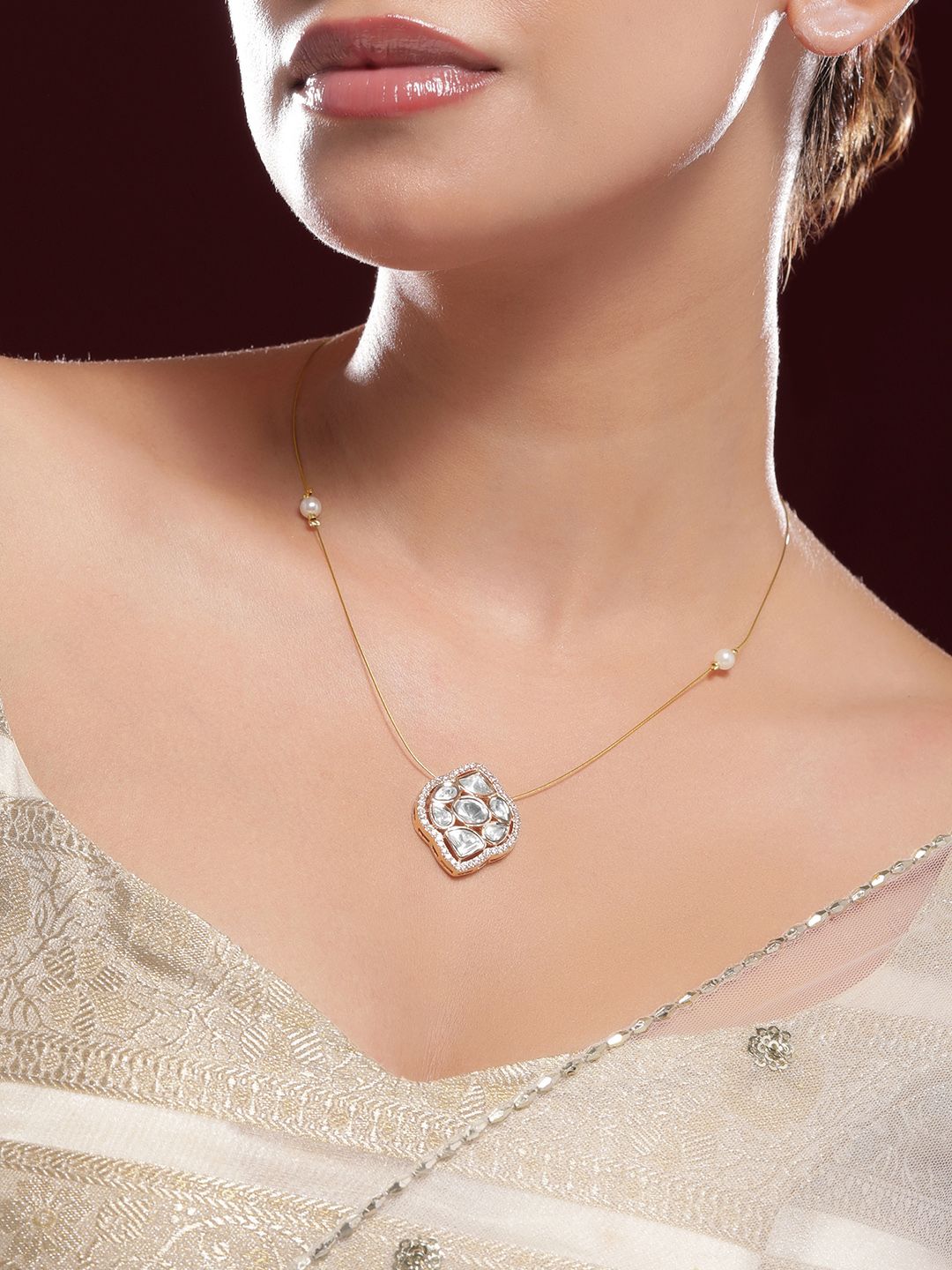 Rubans 22K Gold-Plated Kundan & Cubic Zirconia Pendant Necklace with Pearl Detailing