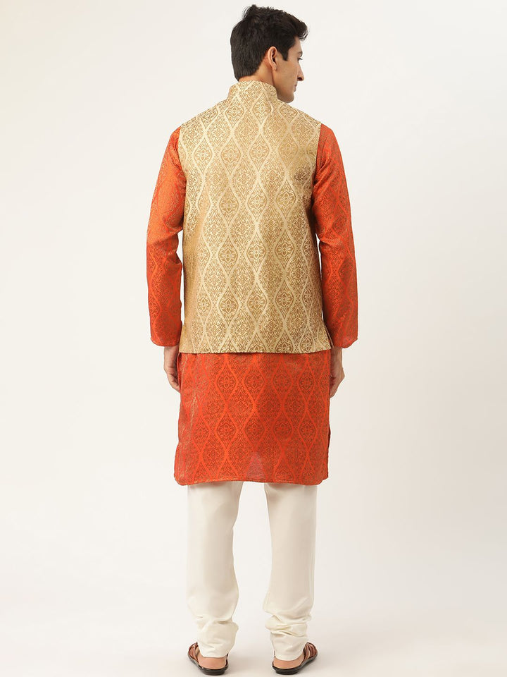 SOJANYA Men Orange Ethnic Motifs Jacquard Silk Kurta with Churidar & Nehru Jacket