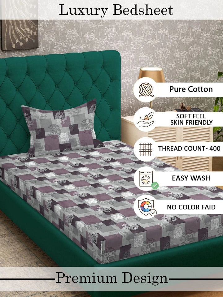 Myntra Elegant Homes Purple & Grey Geometric 400 TC Single Bedsheet with 1 Pillow Covers