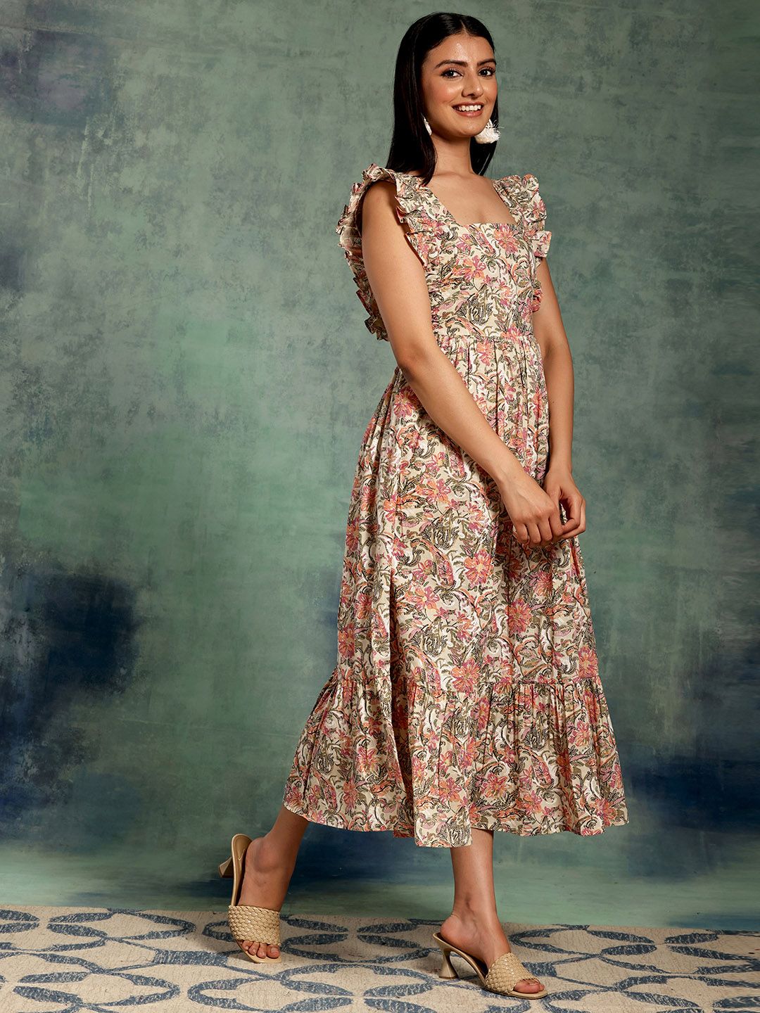 Libas White Floral Printed Flutter Sleeve Gathered Empire Cotton Midi Dress