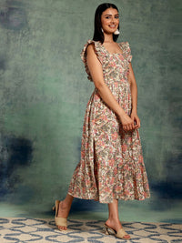 Libas White Floral Printed Flutter Sleeve Gathered Empire Cotton Midi Dress