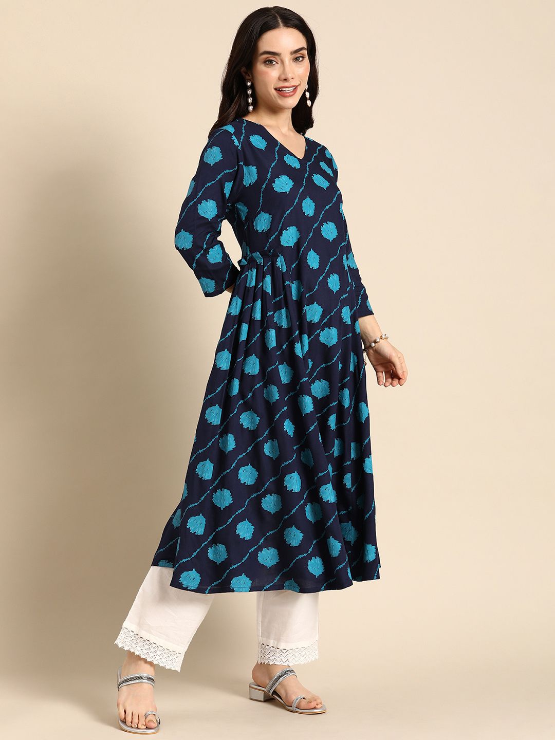 Anouk Floral Printed V-Neck A-Line Kurta