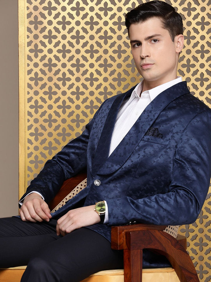 House of Pataudi Tailored Floral Self Design Velvet Finish Single-Breasted Party Blazer