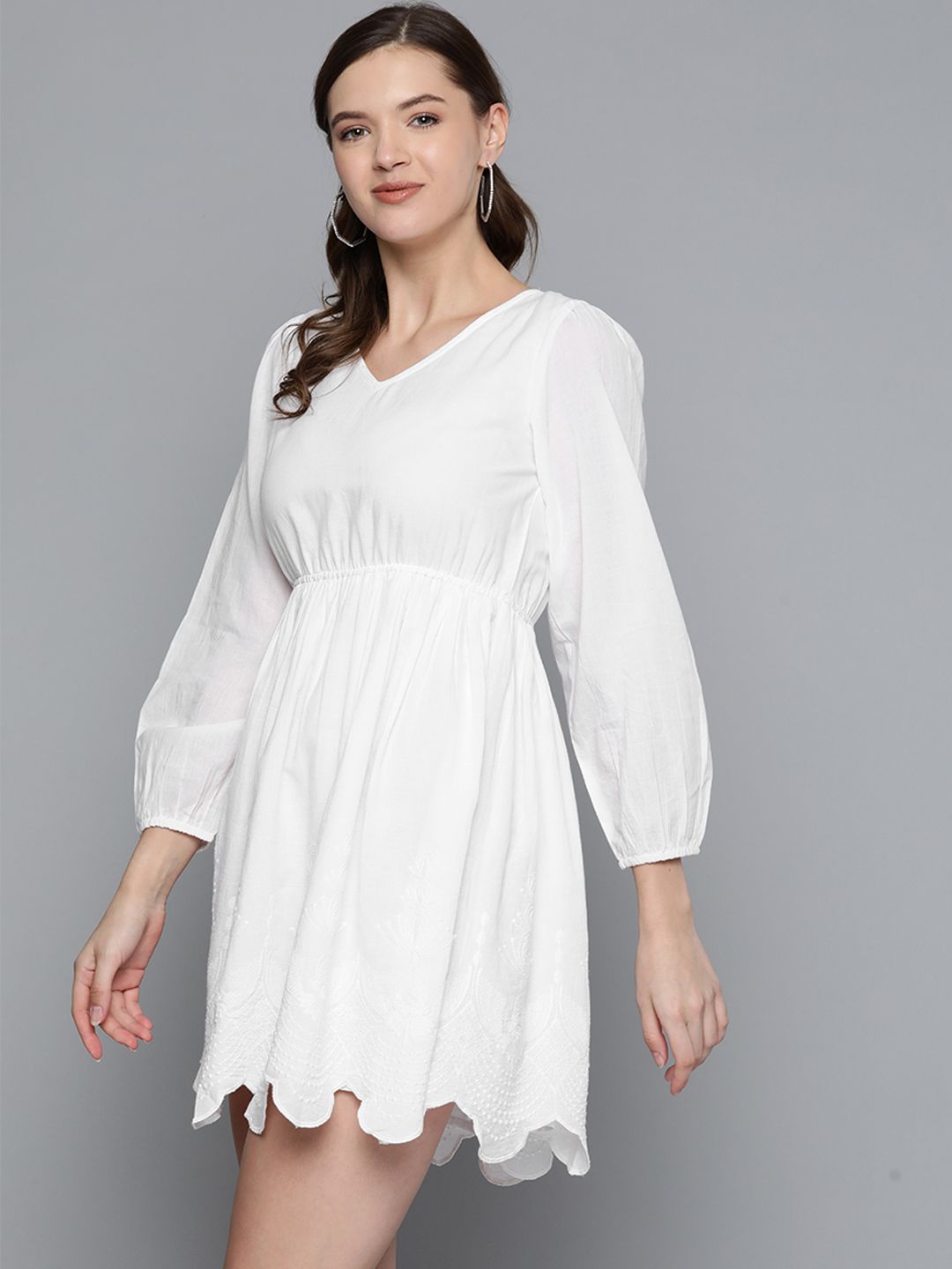 SASSAFRAS White Pure Cotton Solid A-Line Dress