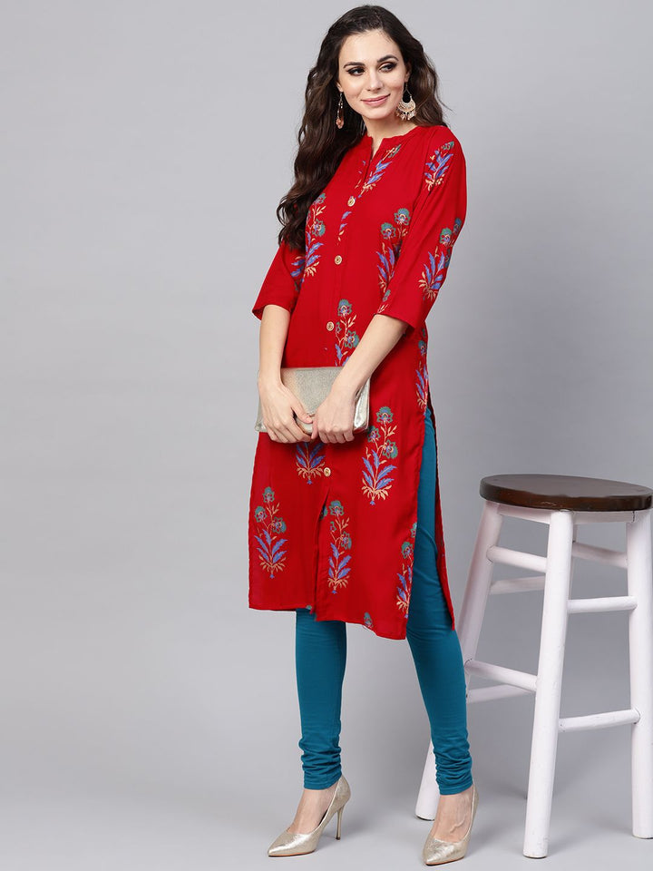 SOJANYA Women Red & Blue Foil Print Straight Kurta