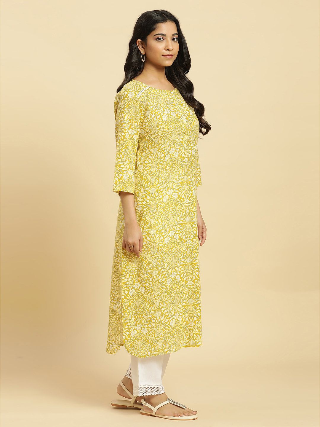 W Yellow Floral Printed Keyhole Neck Gotta Patti Cotton A-Line Kurta