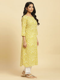W Yellow Floral Printed Keyhole Neck Gotta Patti Cotton A-Line Kurta