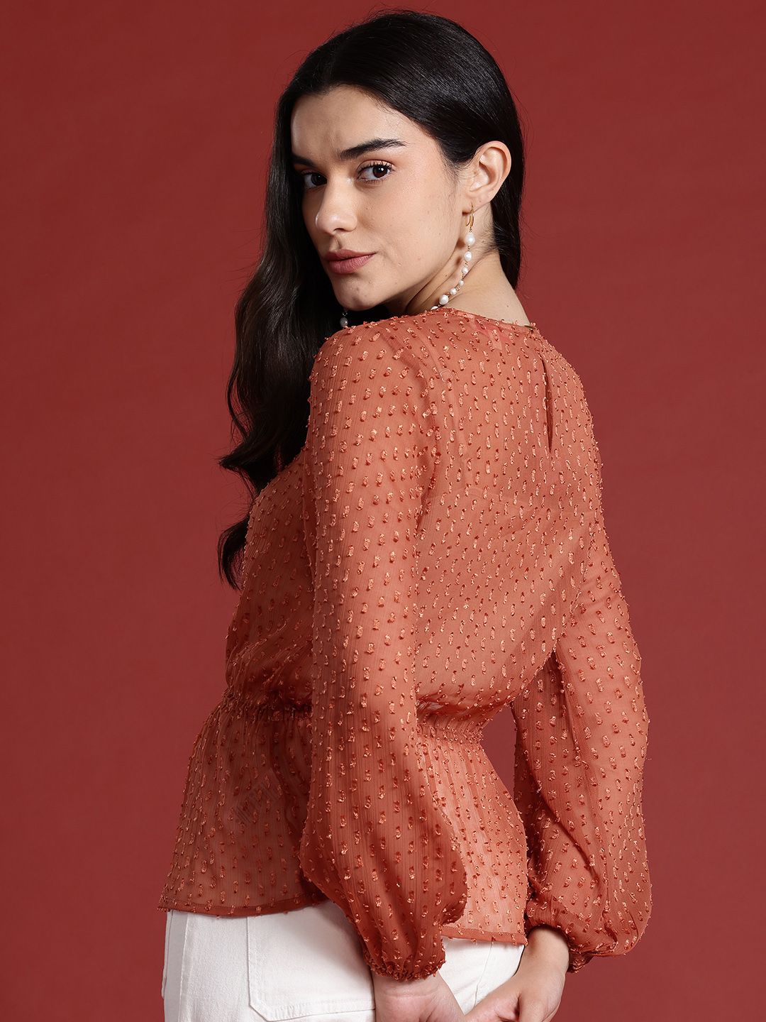 all about you Puff Sleeves Semi-Sheer Cinched Waist Top