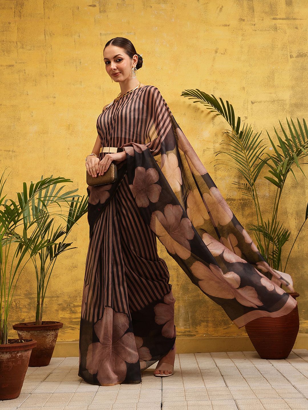 Silk Land Floral Striped Ready to Wear Chanderi Saree
