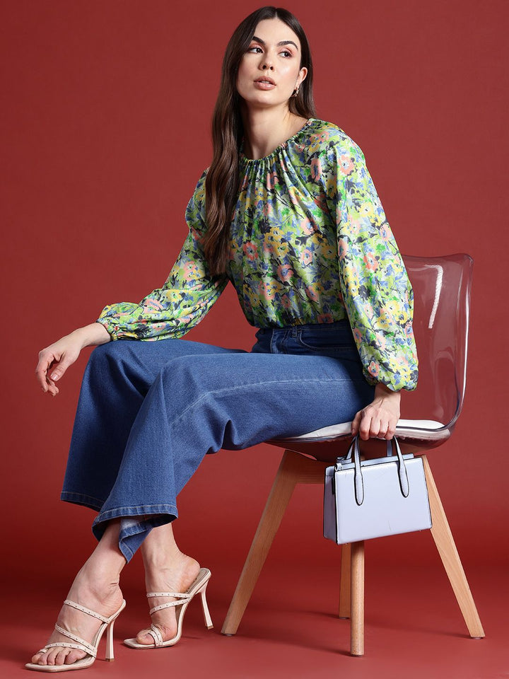 all about you Floral Print Cinched Waist Raglan Puffed Sleeves Top