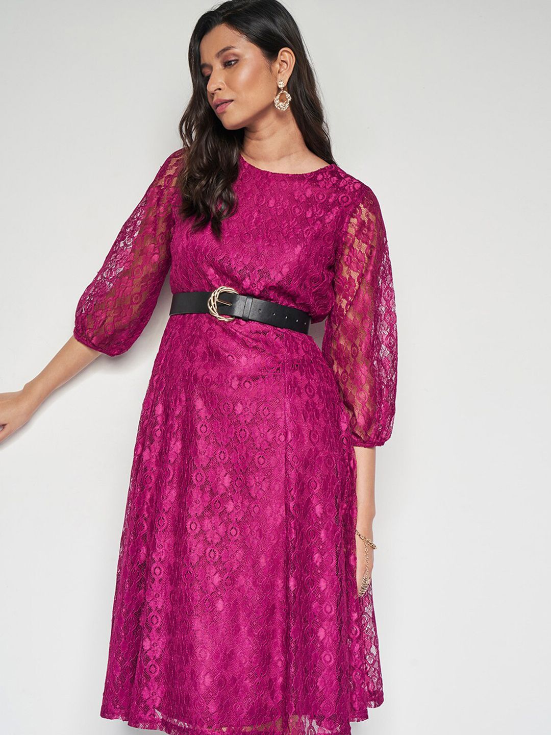 AND Self Design Round Neck Three-Quarter Sleeves Fit & Flare Dress