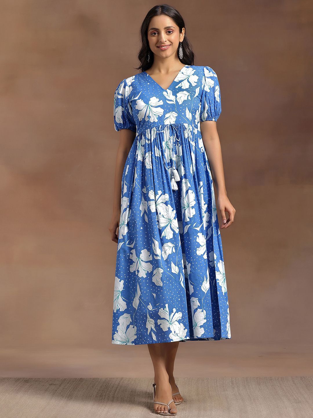 Libas Floral Print Puff Sleeve Fit & Flare Midi Dress