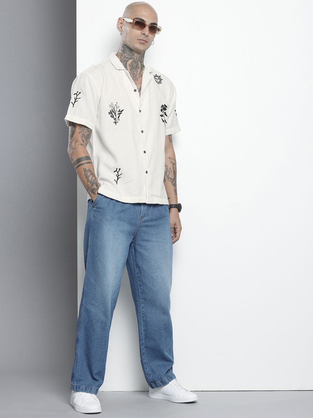 The Indian Garage Co Pure Cotton Floral Embroidered Drop-Shoulder Relaxed Casual Shirt
