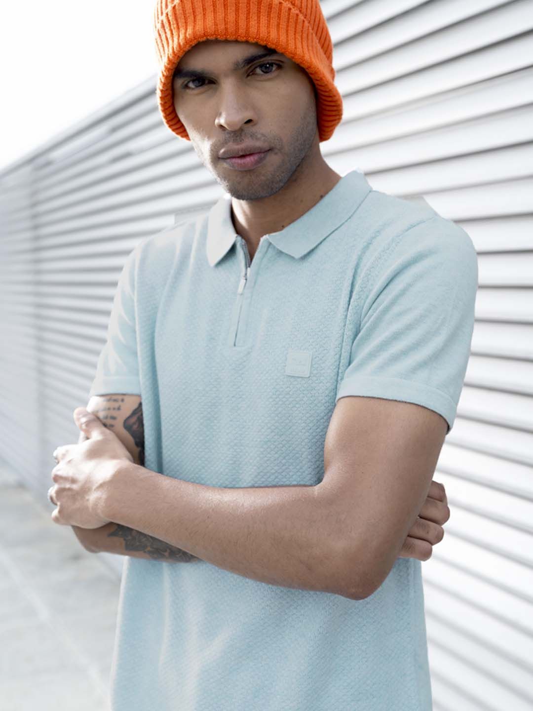 THE BEAR HOUSE Ardor Edition Men Blue Self Design Polo Collar Slim Fit T-shirt