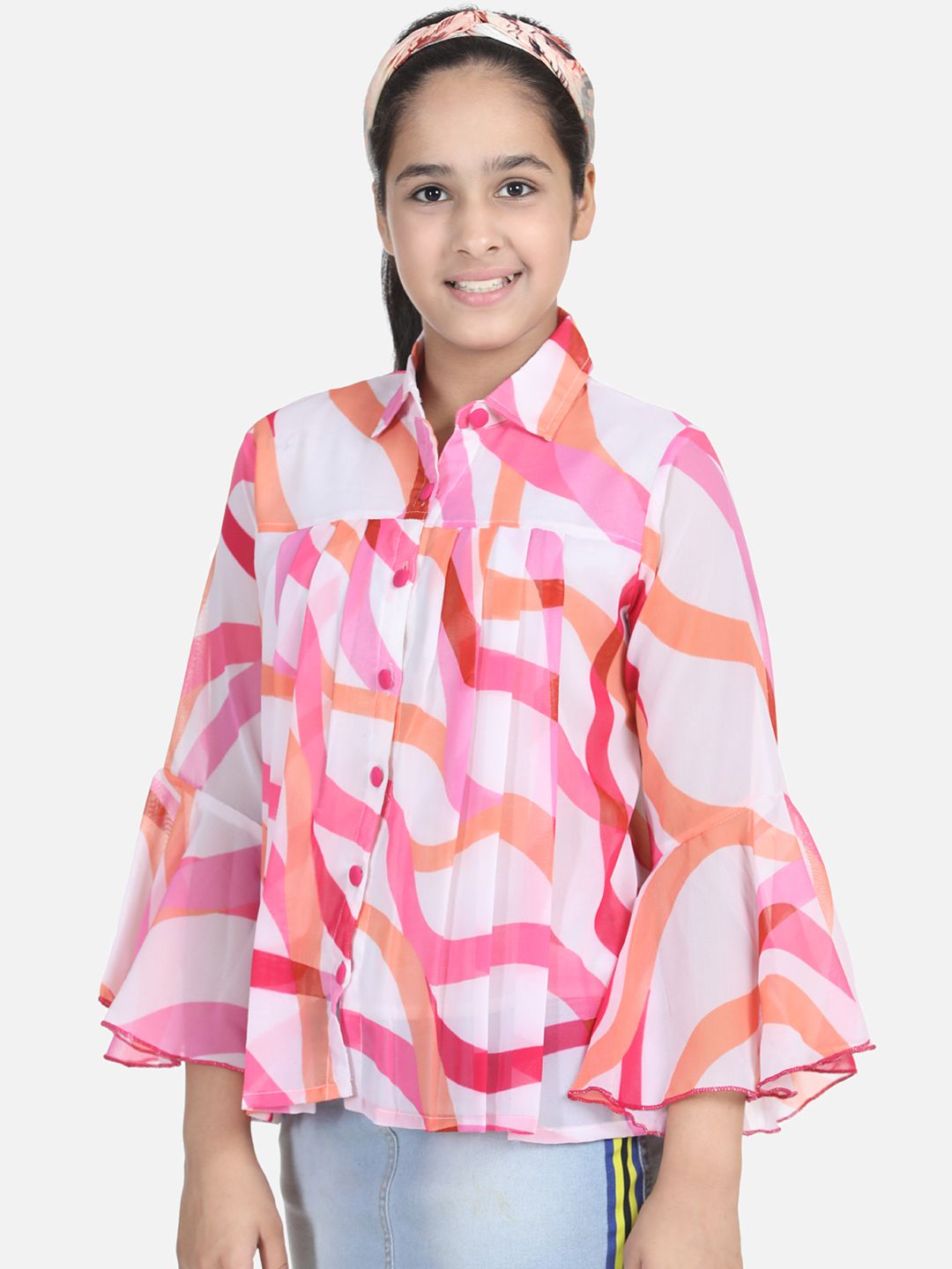 Cutiekins White & Pink Crepe Shirt Style Top