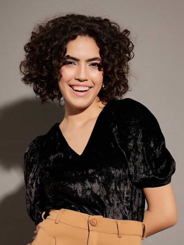 Sassafras Black V-Neck Puff Sleeve Velvet Top