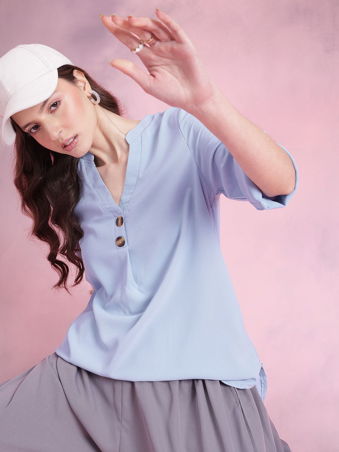 DressBerry Mandarin Collar Roll-Up Sleeves Longline Top