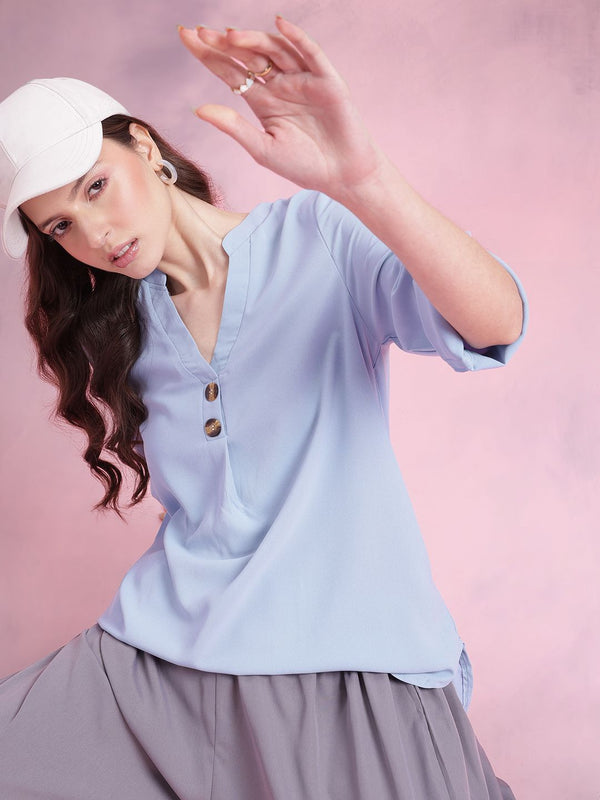 DressBerry Mandarin Collar Roll-Up Sleeves Longline Top
