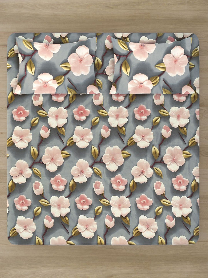 Myntra Elegant Grey Floral 300 TC King 7D Bedsheet with 2 Pillow Covers