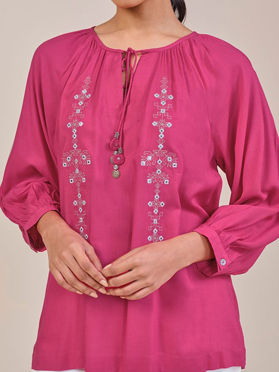 Global Desi Women Embellished Tie-Up Neck Regular Top