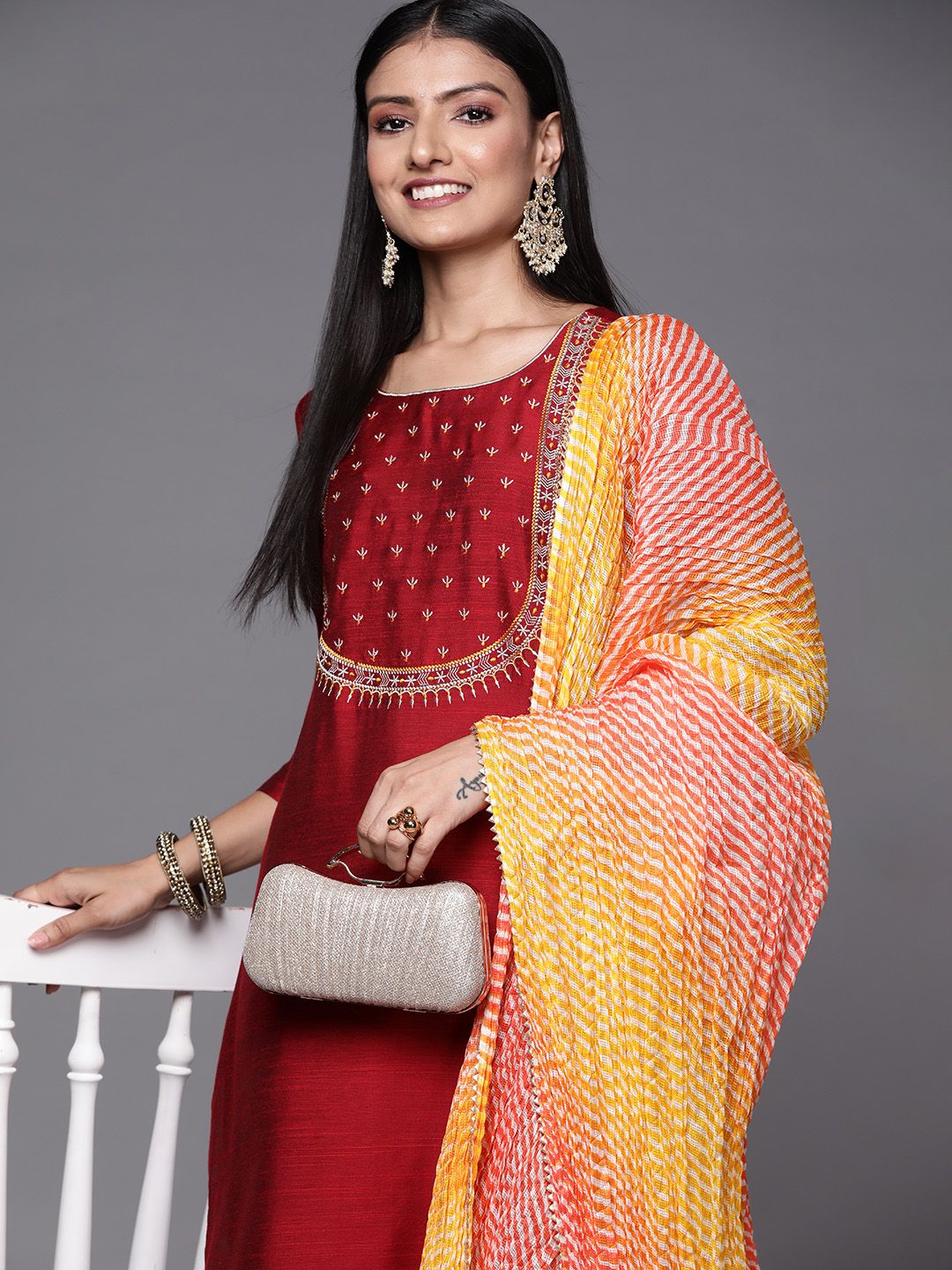 Varanga Women Maroon Ethnic Motifs Embroidered Kurta with Trousers & With Dupatta