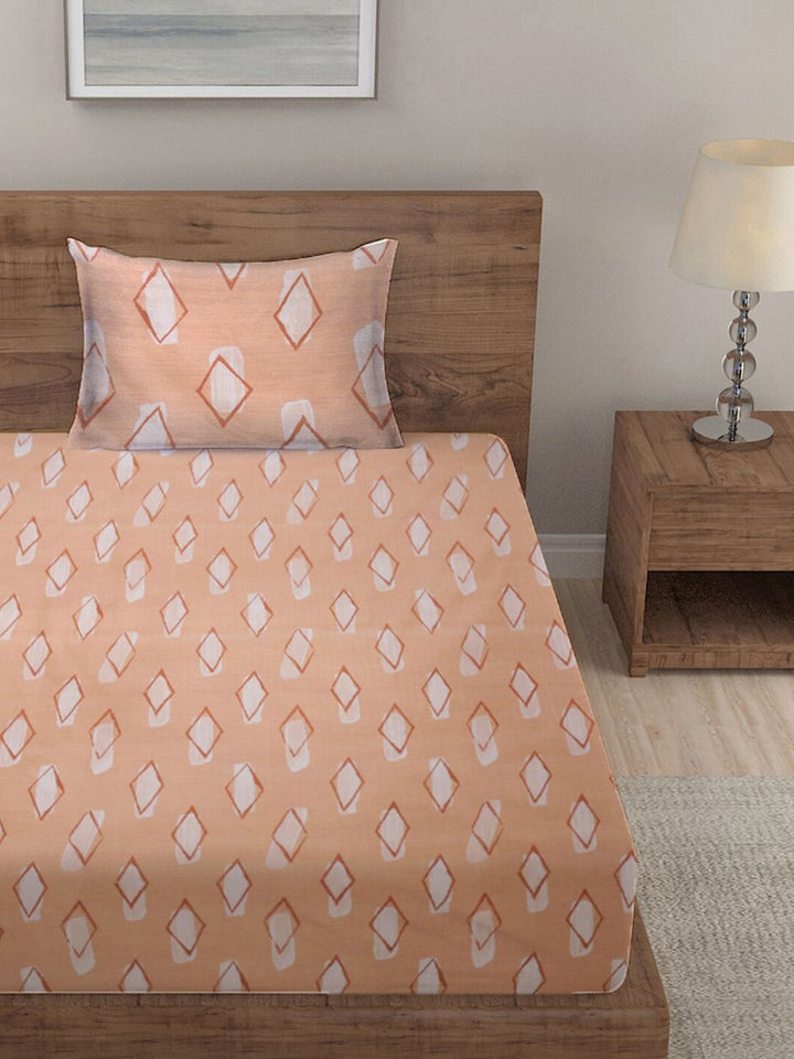KLOTTHE Peach Geometric Cotton 210 TC Single Fine Bedsheet with a Pillow Cover-89 x 59 inches