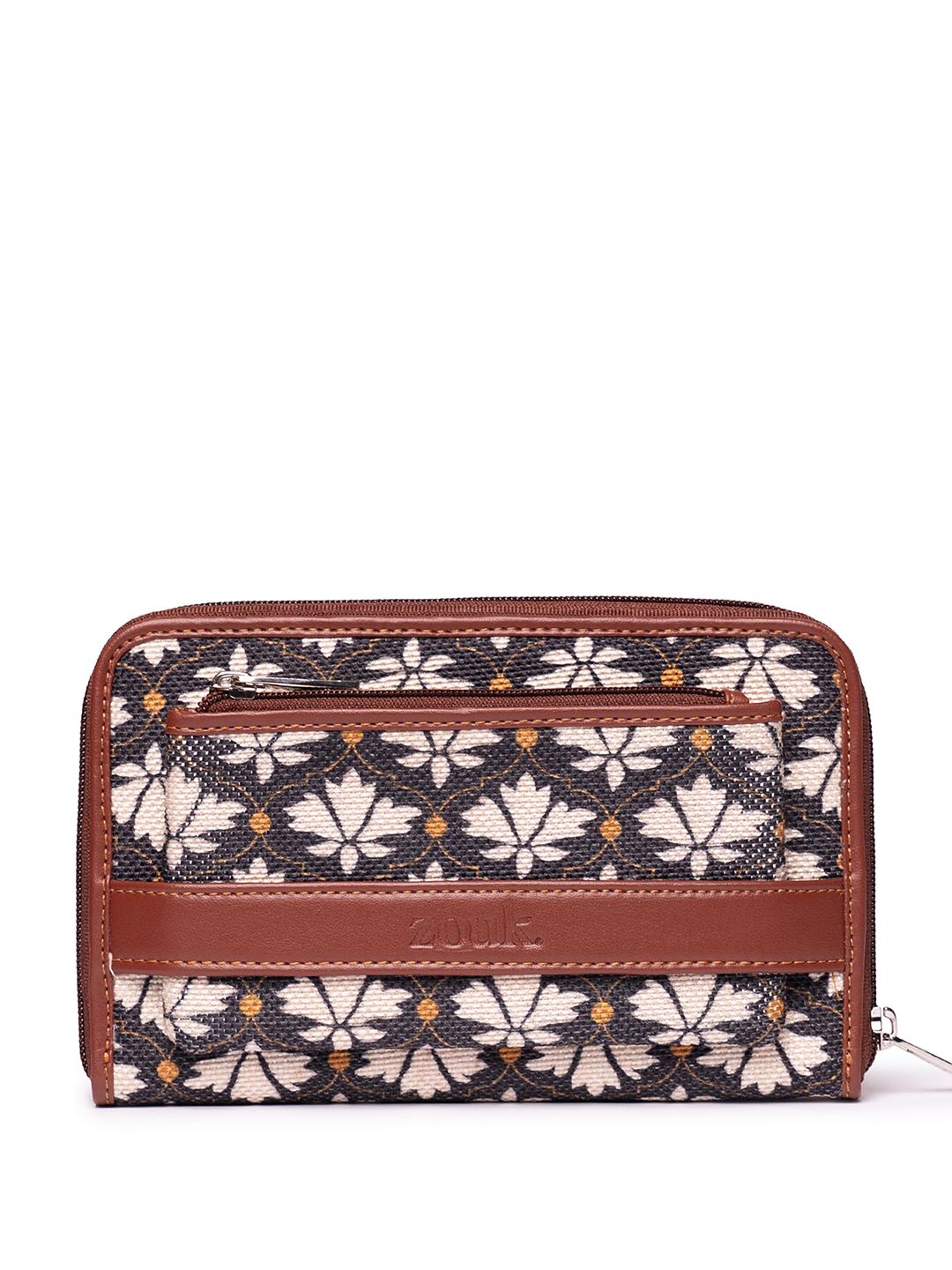 ZOUK Women White & Black Floral Printed Zip Around Wallet