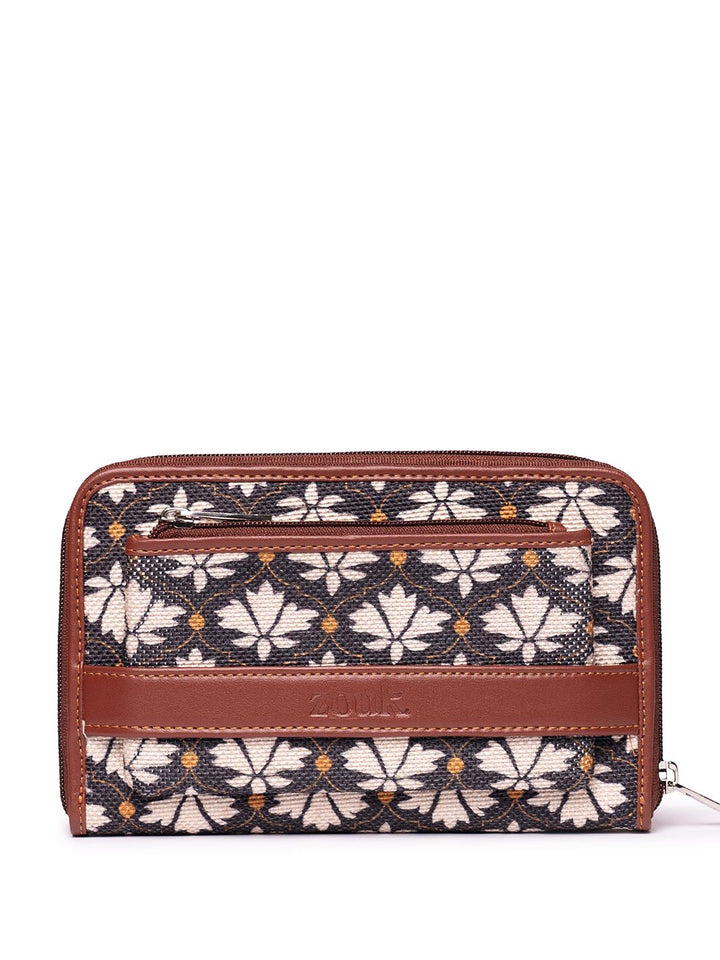 ZOUK Women White & Black Floral Printed Zip Around Wallet