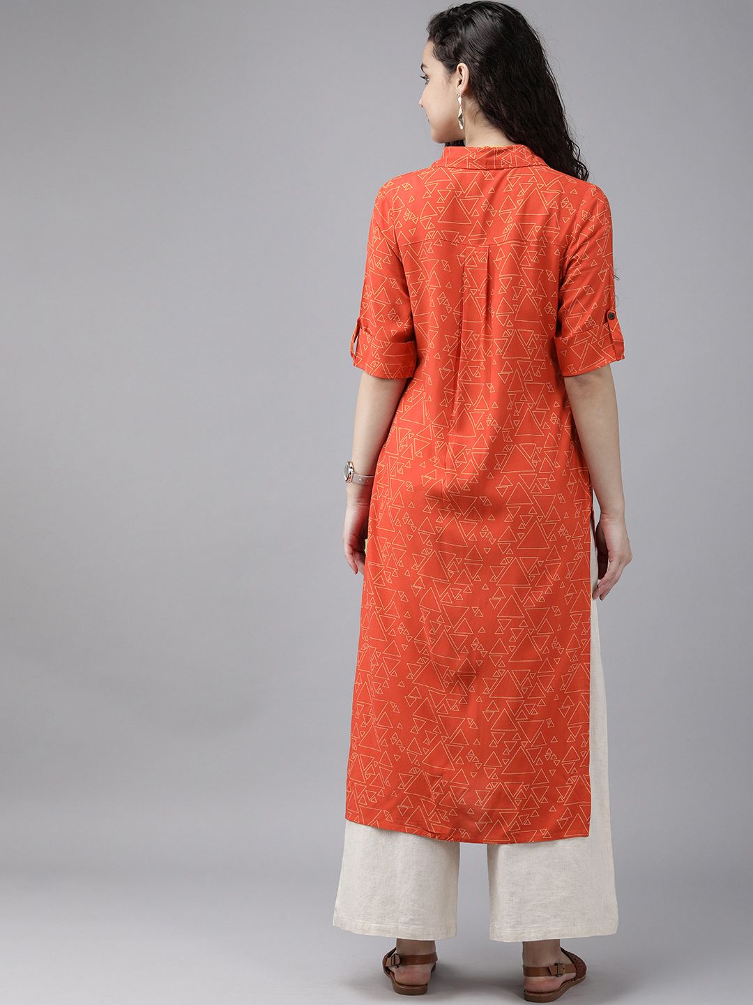 Anouk Wanita Merah & Mustard Kuning Dicetak Lurus Kurta