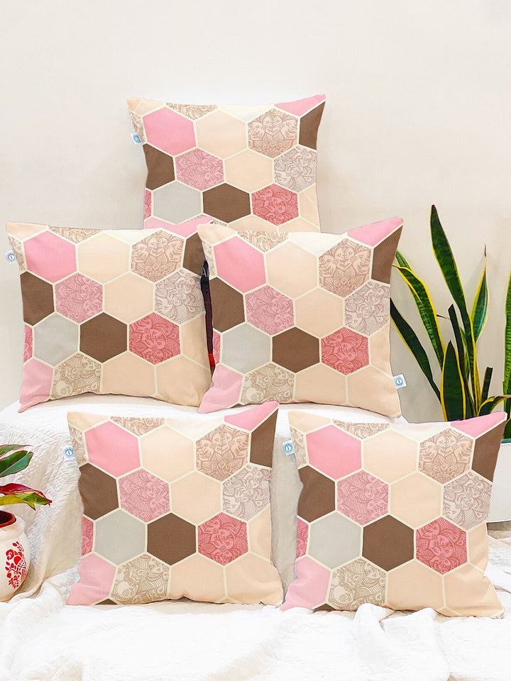 STITCHNEST Peach & Pink Set Of 5 Geometric Printed Square Cushion Covers