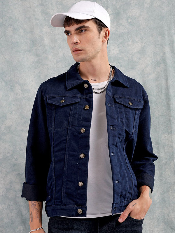 The Indian Garage Co Men Slim Fit Washed Denim Jacket with Flap Pockets