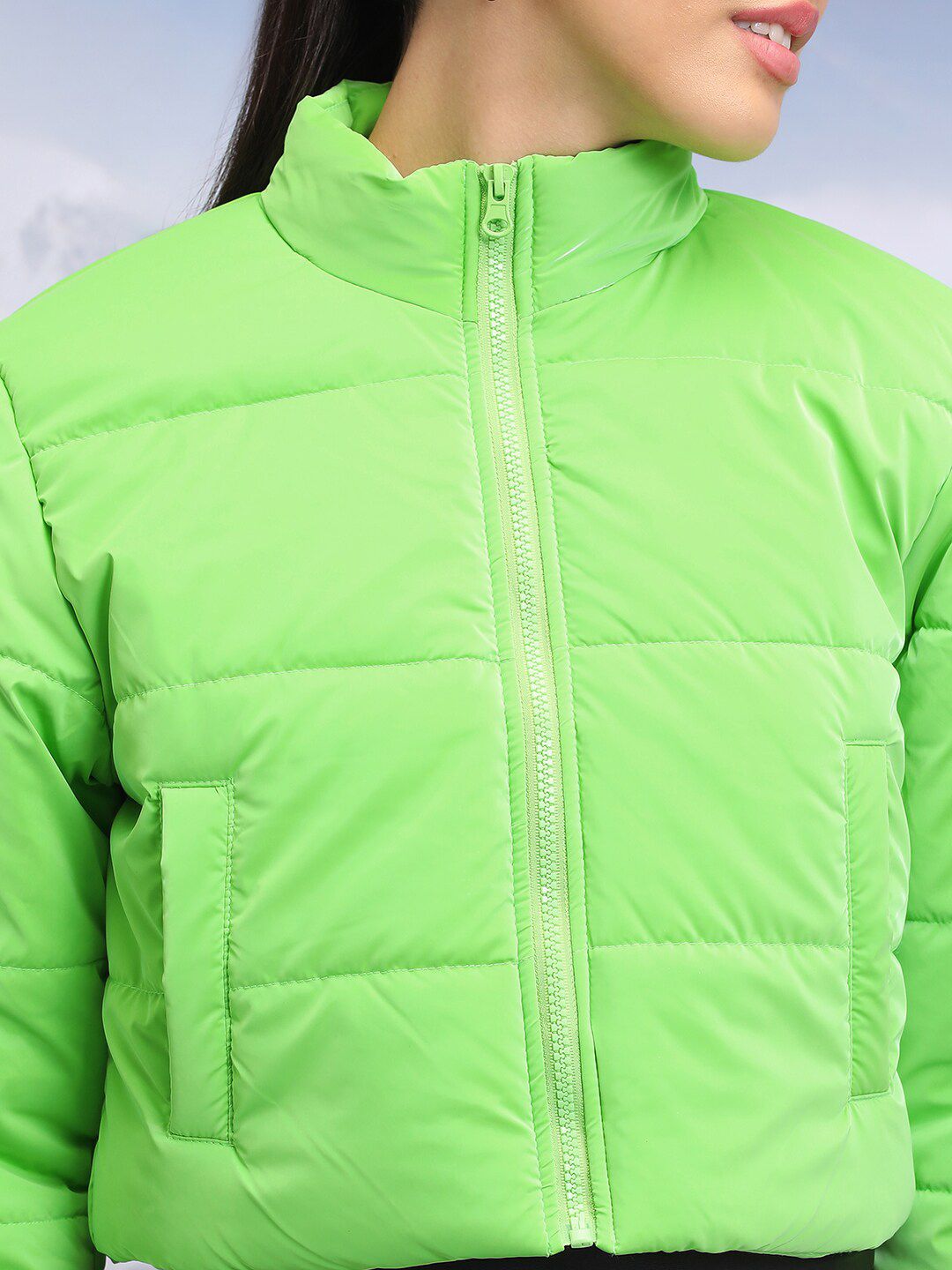 Tokyo Talkies Green Mock Collar Crop Padded Jacket