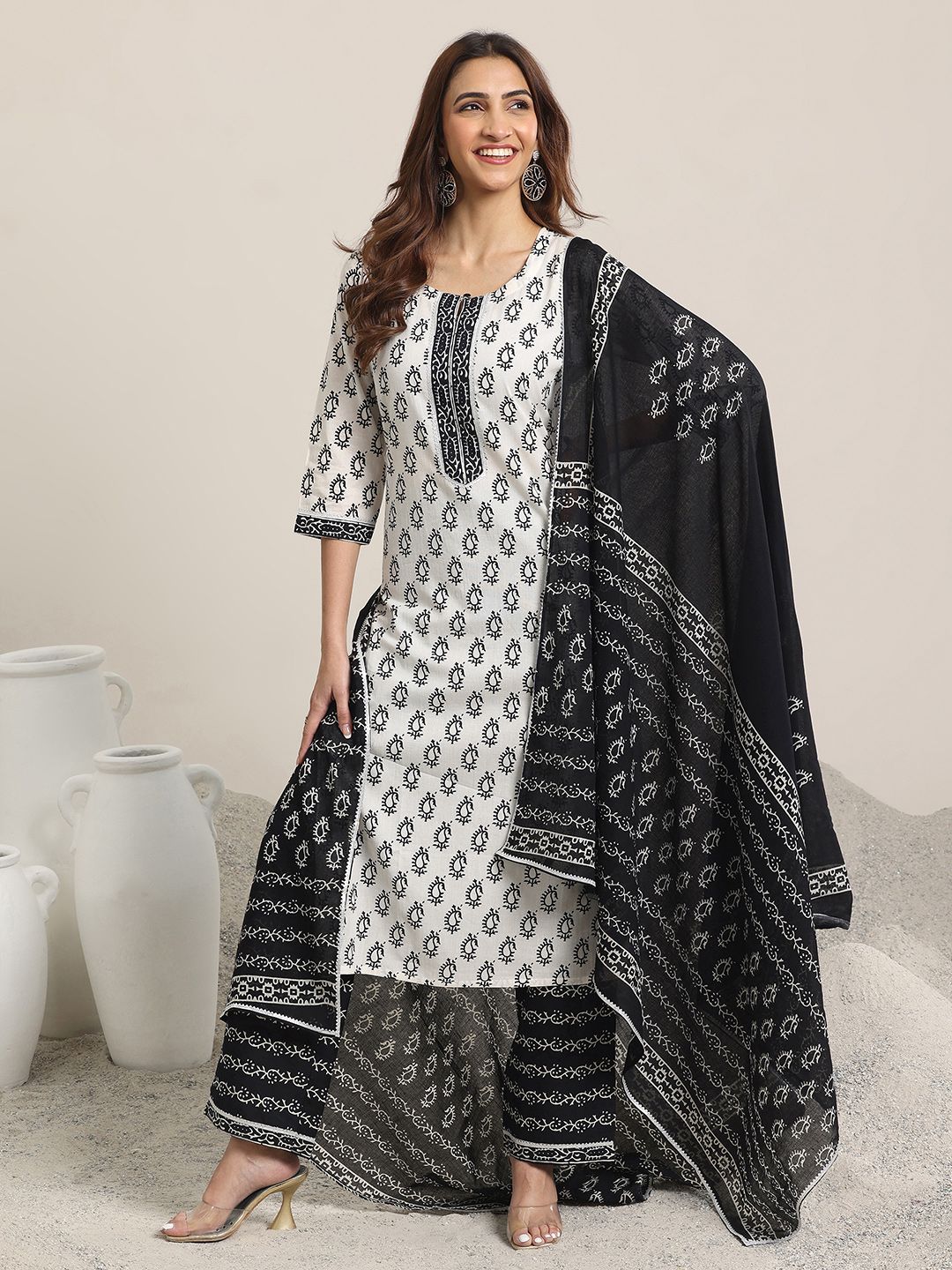Libas Off White Paisley Printed Keyhole Neck Pure Cotton Kurta With Trousers & Dupatta