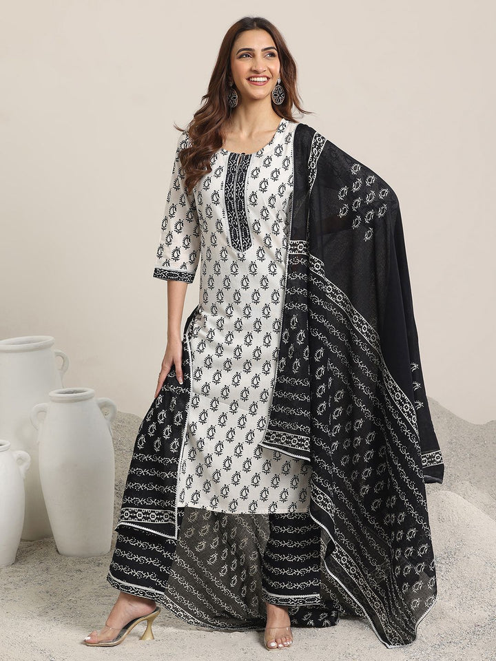 Libas Off White Paisley Printed Keyhole Neck Pure Cotton Kurta With Trousers & Dupatta