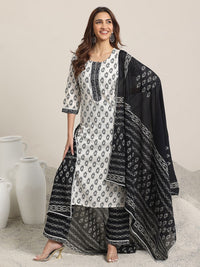 Libas Off White Paisley Printed Keyhole Neck Pure Cotton Kurta With Trousers & Dupatta