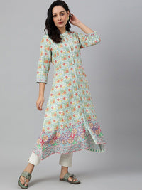W Women Sea Green & White Ethnic Motifs Printed Kurta