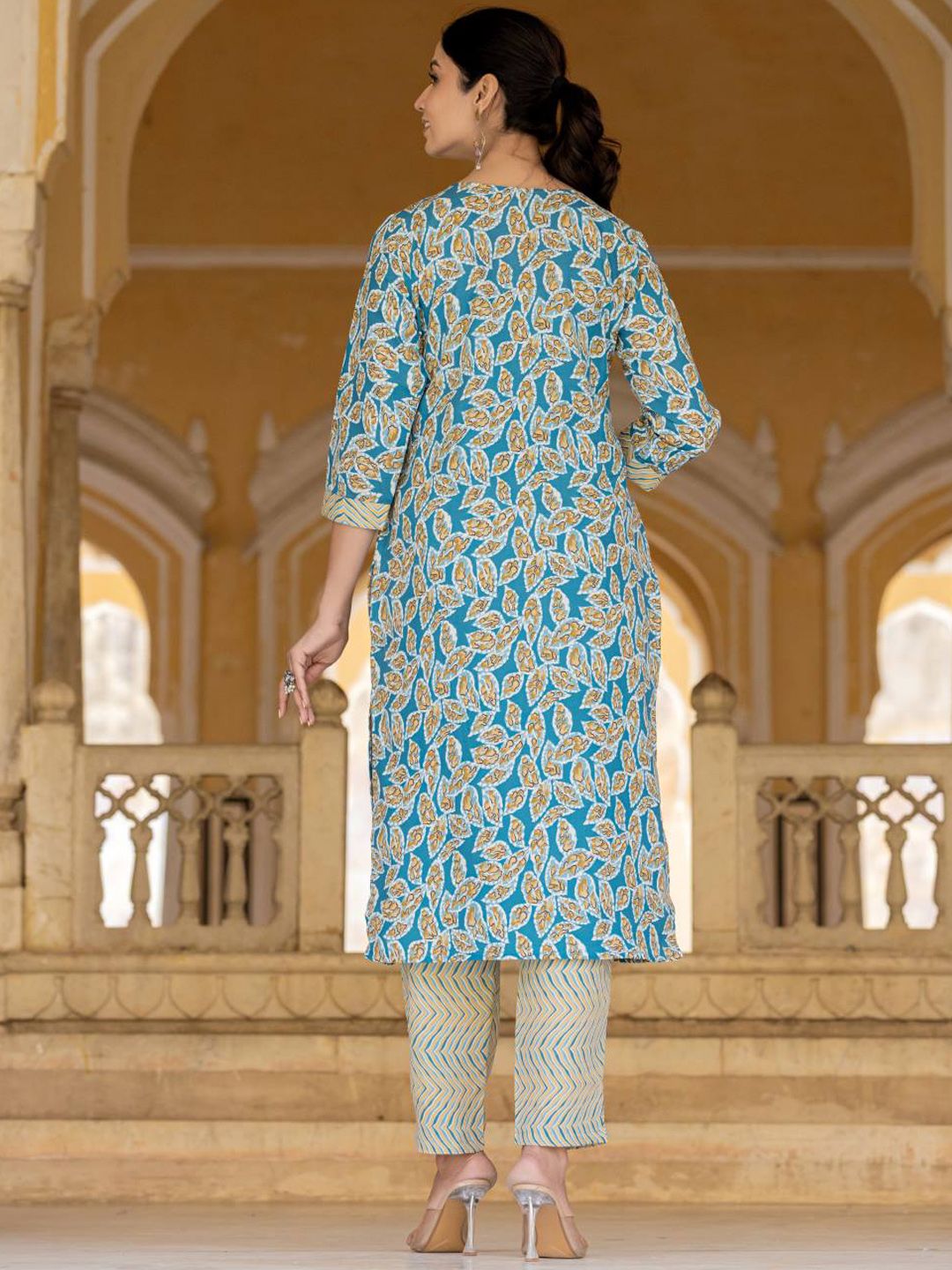 Varanga Floral Printed Regular Thread Work Kurta with Trouser & Dupatta