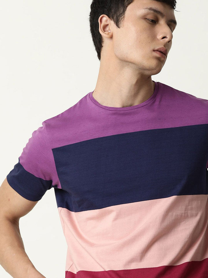 RARE RABBIT Men Purple Colourblocked Pure Cotton Slim Fit T-shirt
