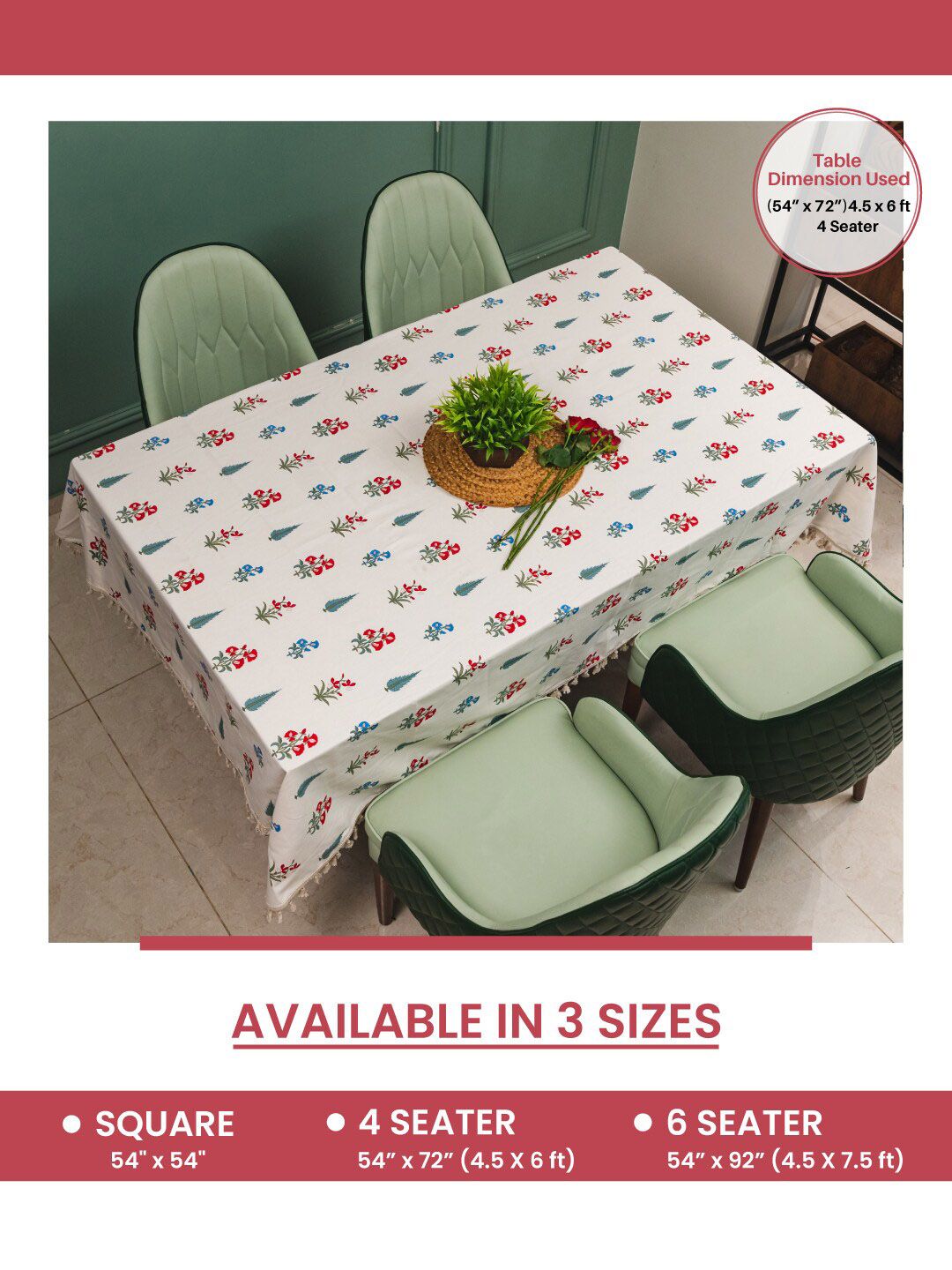 URBAN SPACE Red & White Floral Printed Pure Cotton 6-Seater Table Cover