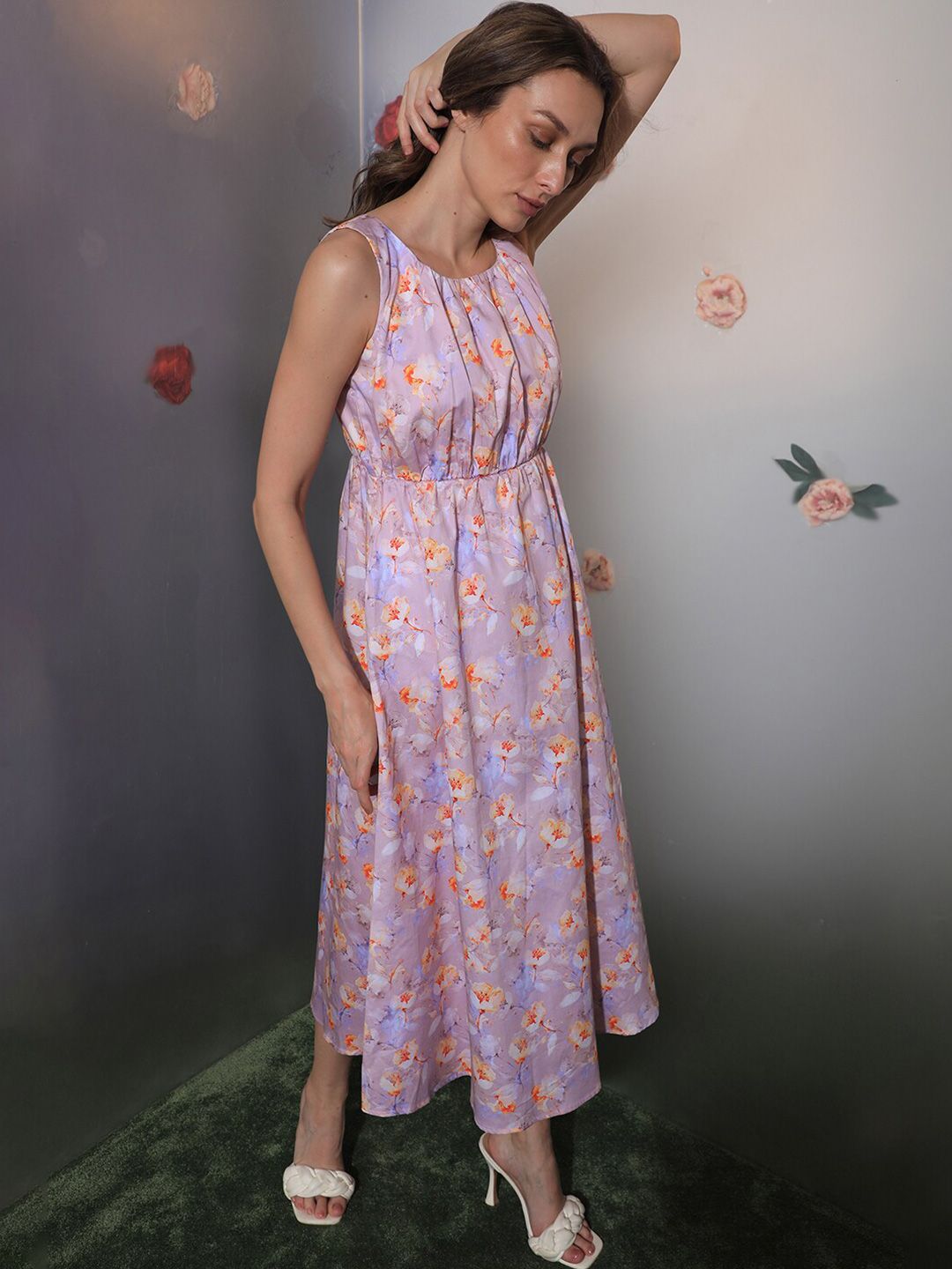 RAREISM Floral Printed Cotton Fit & Flare Midi Dress