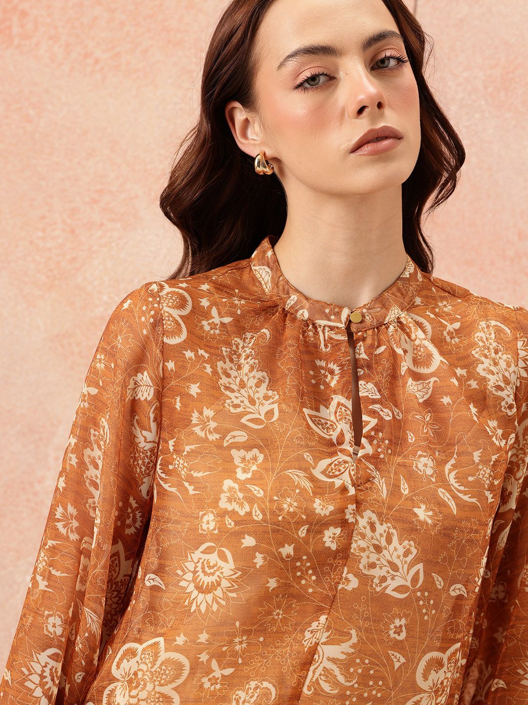 all about you Floral Print Mandarin Collar Chiffon Top